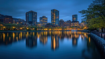 Fototapeta premium A serene cityscape at dusk, reflecting lights on a calm water surface.