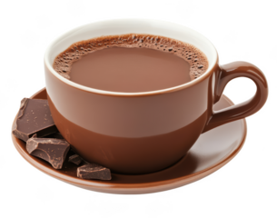 A rich cup of hot chocolate served in brown ceramic mug, accompanied by pieces of dark chocolate on matching saucer. This delightful treat evokes warmth and comfort. 