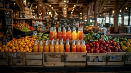 Fototapeta premium A vibrant market display with fresh fruits and colorful bottled juices.