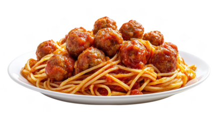 Delicious spaghetti with meatballs served on white plate, featuring tender meatballs and rich tomato sauce, perfect for comforting meal. 