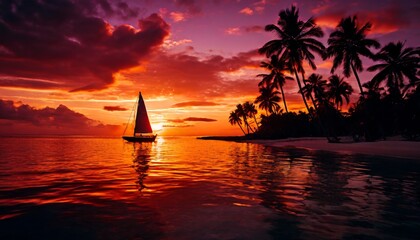A sailboat glides across the calm waters under a dramatic sunset, surrounded by silhouetted palm trees. The sky is painted in deep shades of red and purple, creating a breathtaking tropical paradise