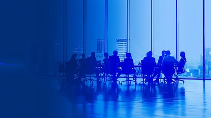 Team in Meeting Room with Blue Overlay and Blank Space, Business Theme, Portrait Shot, Planning, Strategy
