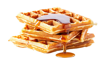 Delicious golden waffles stacked high, drizzled with rich syrup, creating mouthwatering breakfast treat that evokes warmth and comfort. 