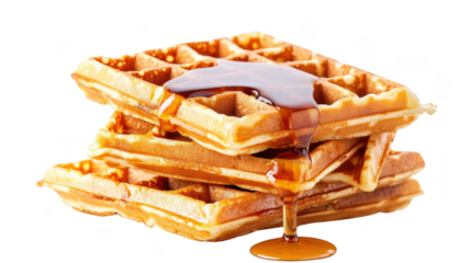 Delicious golden waffles stacked high, drizzled with rich syrup, creating mouthwatering breakfast treat that evokes warmth and comfort. 