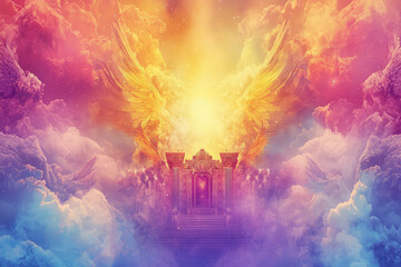Obraz premium A vibrant illustration of Gods throne in heaven with colorful clouds