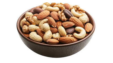 A bowl filled with variety of nuts including almonds, cashews, walnuts, and peanuts, showcasing their rich textures and colors. This healthy snack option is perfect for any occasion. 