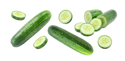 Flying cucumber has water drop with slices pattern isolated  on white background , clipping path.