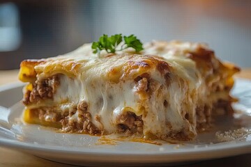 A hearty slice of homemade lasagna with melted cheese oozing from the layers