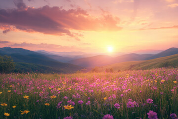 Fototapeta premium A vibrant sunset over paradise landscape with rolling hills and flowers