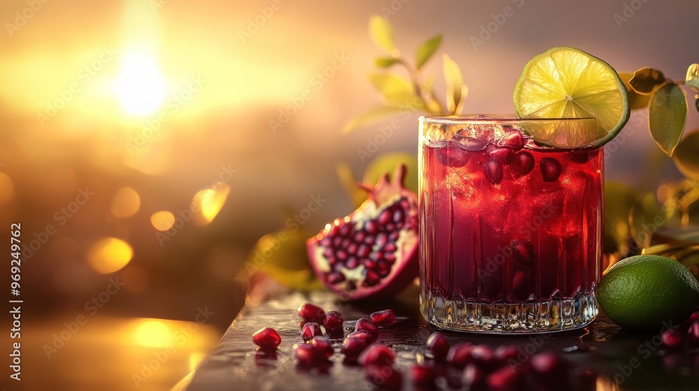 Canvas Prints A vibrant cocktail with pomegranate and lime, set against a warm sunset.