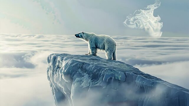 Polar Bear on a Clifftop: A majestic polar bear stands atop a snow-covered cliff, gazing out at the vast, ethereal landscape. The icy air, the swirling mist, and the distant sun create a sense of soli