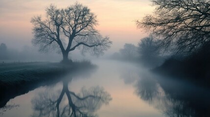 Obraz premium A tranquil river scene at dawn, shrouded in fog with a solitary tree reflecting in the water.
