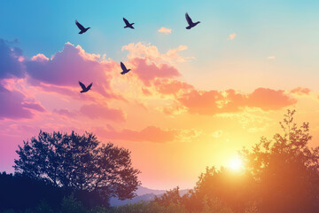 Obraz premium A vibrant sunset over paradise landscape with silhouettes of birds flying