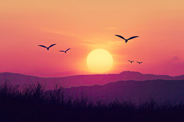 Obraz premium A stunning sunset over serene landscape with flying birds