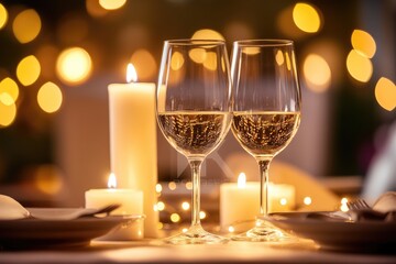 A pair of wine glasses and candles set for a romantic dinner