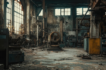 Fototapeta premium Abandoned factory with broken machinery and sense of decay