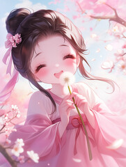 Fototapeta premium Adorable hand-drawn Chines fairy in plump Hanfu, holding a white dandelion, blowing Taraxacum, with fair skin, joyful expression, wearing a hairpin and silk ribbon, 