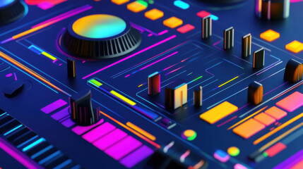 A vibrant digital music studio featuring interactive holograms, showcasing colorful controls and buttons that create an energetic atmosphere for music production