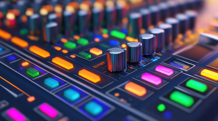 Fototapeta premium A vibrant digital 3D soundboard featuring interactive elements, showcasing colorful buttons and knobs that create an engaging audio experience