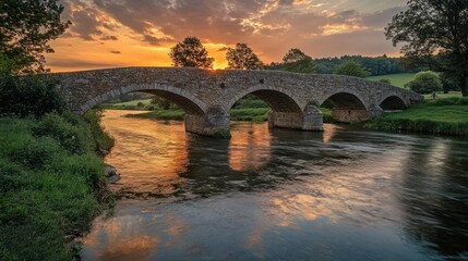 Fototapeta premium A picturesque stone bridge over a tranquil river at sunset, surrounded by lush greenery.