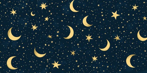 Golden crescent moons and stars on a blue background.