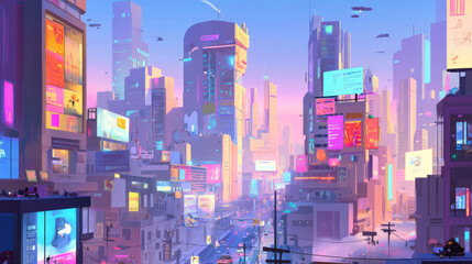 Obraz premium Futuristic cityscape with vibrant neon lights and towering skyscrapers, showcasing blend of technology and urban life. scene evokes sense of wonder and innovation