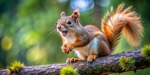 A playful squirrel sits atop a branch, its bushy tail flickering with mischief, eyes shining with humor.