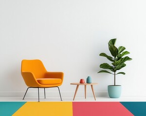 A Scandinavian living room with light wood furniture, a colorful oversized rug, and a bold mid-century armchair as the focal point, Digital Art, Warm and inviting