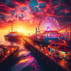 Obraz premium Amazing view of an amusement park pier at sunset with vibrant sky colors, roller coasters, and a ferris wheel, capturing a lively and cheerful atmosphere.