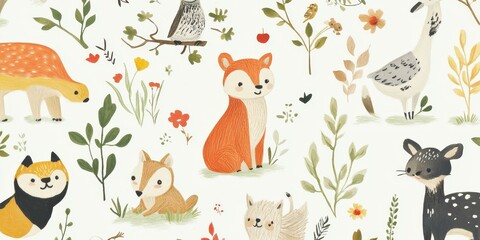 Fototapeta premium Cute animals and flowers on a white background.