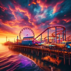 Obraz premium Amazing view of an amusement park pier at sunset with vibrant sky colors, roller coasters, and a ferris wheel, capturing a lively and cheerful atmosphere.