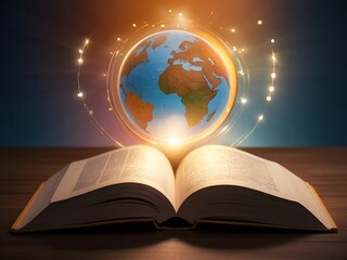 planet earth glows from an open book, a globe, the key to understanding the world ,AI generated