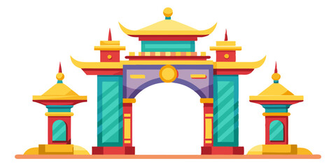  an illustration of a traditional Asian-style gate or archway. It features a central arch with two smaller structures on either side. The design includes vibrant colors, primarily yellow, red, and tea