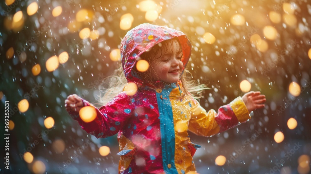 Sticker A joyful child in a colorful raincoat plays in the rain, surrounded by sparkling droplets.