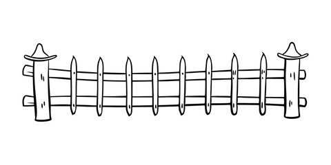 a simple black and white line drawing of a wooden fence. The fence consists of two vertical posts on either end, each topped with a pointed cap