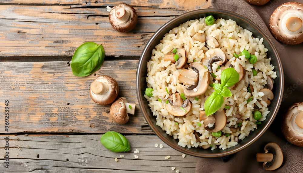 Wall mural Bowl with tasty brown rice and mushrooms on color wooden table