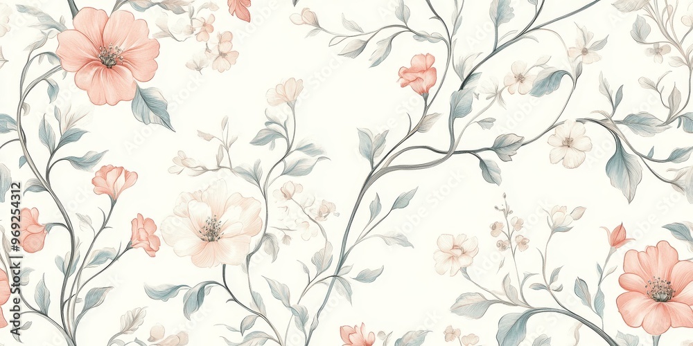 Wall mural Delicate peach and white flowers on stems.