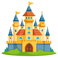 Fototapeta premium Colorful cartoon illustration of a fairy tale castle with blue rooftops and yellow walls.