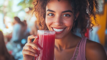 A woman is smiling and holding a glass of red juice
