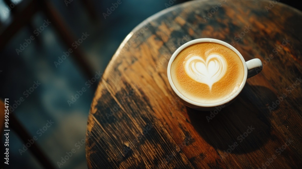 Poster A beautifully crafted latte with a heart design on a wooden table.