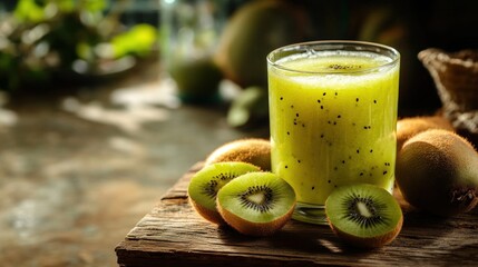 A refreshing kiwi smoothie served in a glass, surrounded by fresh kiwi fruits.