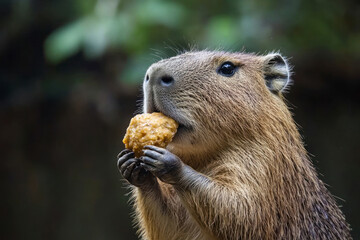 Cool looking capybara in a zoo, chewing its treat like a boss for funny memes usage or job.