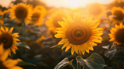 Obraz premium A vibrant field of sunflowers basking in golden sunlight during sunset.