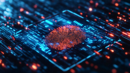 Abstract red fingerprint hologram on a digital chip for biometric encryption technology