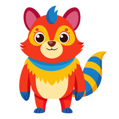 A colorful cartoon red panda with a blue scarf and striped tail