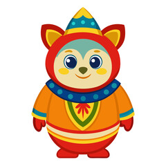 Illustration of a cute, colorful animal character in festive attire