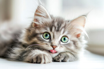 Fototapeta premium Funny large longhair gray kitten with beautiful big green eyes lying on white table. Lovely fluffy cat licking lips.