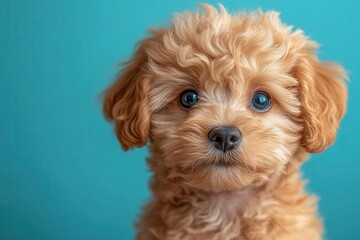 playful portrait adorable miniature poodle puppy with fluffy curls against vibrant blue backdrop curious expression tilted head captures whimsical charm