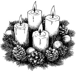 Advent wreath with candles sketch in black, isolated