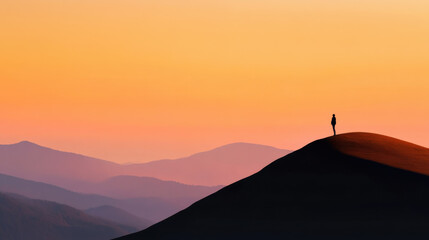 A person standing on mountaintop at dawn, ready to face day, surrounded by beautiful mountain silhouettes and stunning sunrise. scene evokes sense of adventure and tranquility